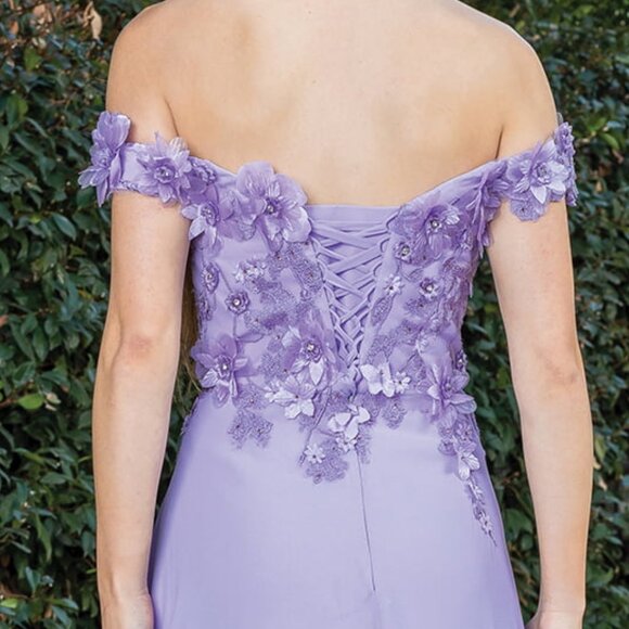 New Off Shoulder Long A-Line Floral Dress w/ Leg Slit & Lace Up Back DQ 4268 - Picture 5 of 9